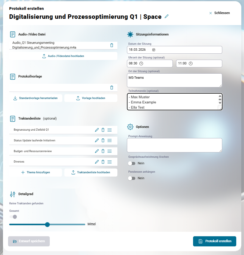 ProntoColl Interface: Protokoll erstellen